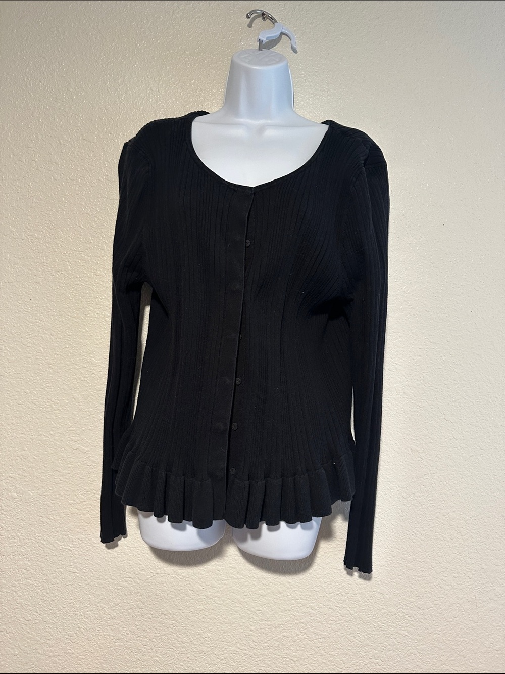 CAbi Black Ribbed Button Cardigan with Subtle Ruffle